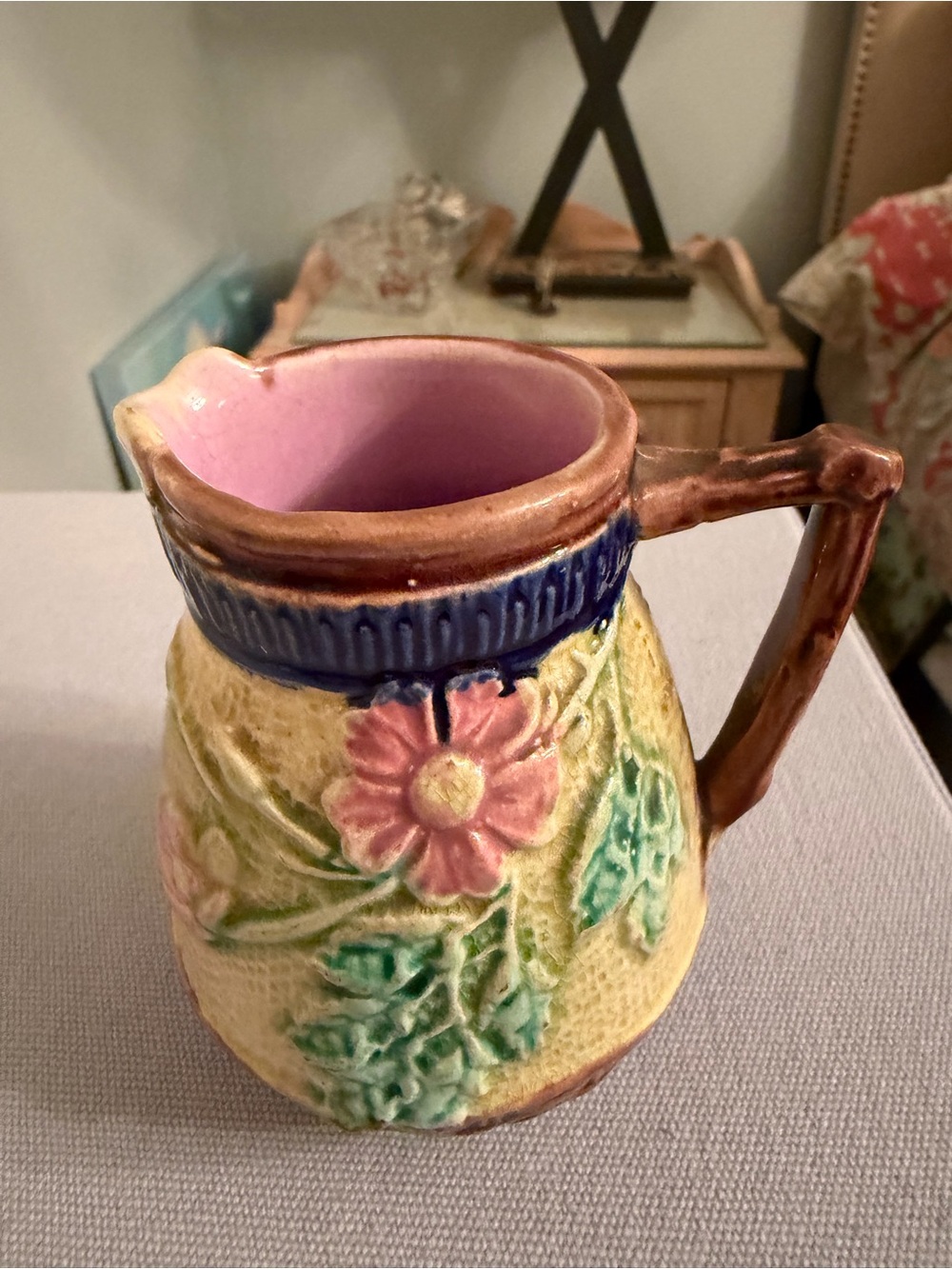Antique Majolica Hand-Painted Floral Pottery Pitcher - Portugal